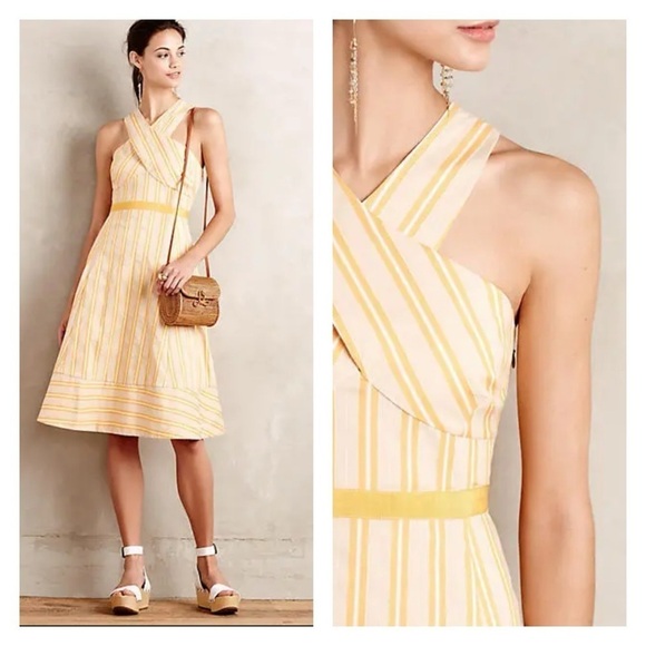 HD in Paris Anthropologie Yellow Stripe Halter Neck Midi Dress Size 8 - Picture 4 of 9